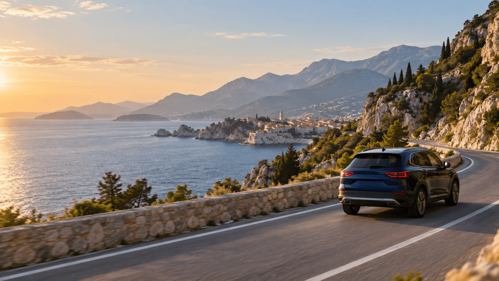 A car following an Adriatic coastal road toward a historic town